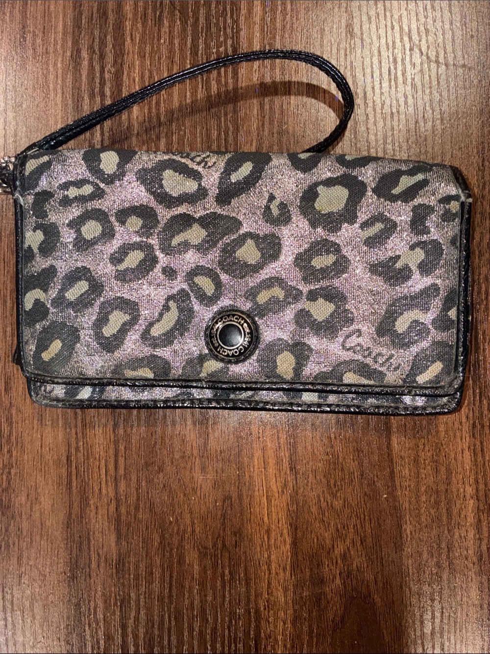 Coach Leopard Print Wristlet Clutch in Silver and Black